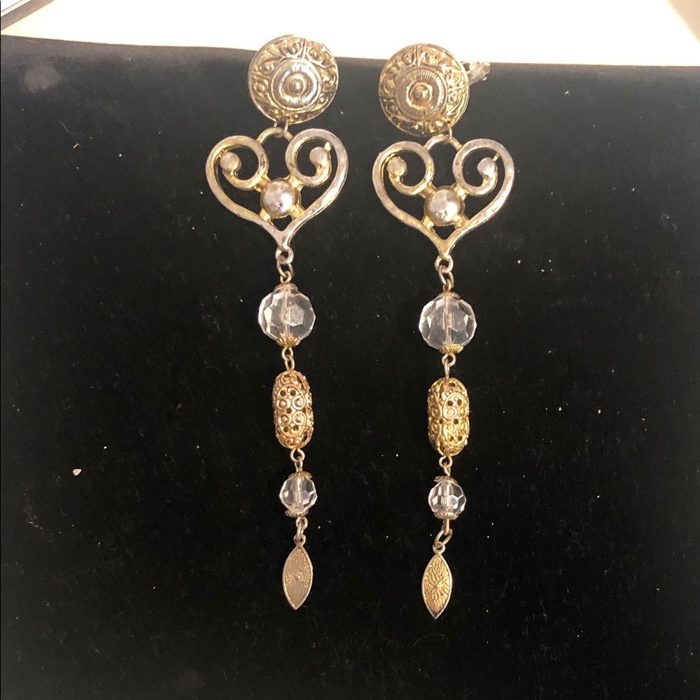 Vintage Gold Tone Filigree & Crystal Dangle Drop Earrings – Heart Scroll Design